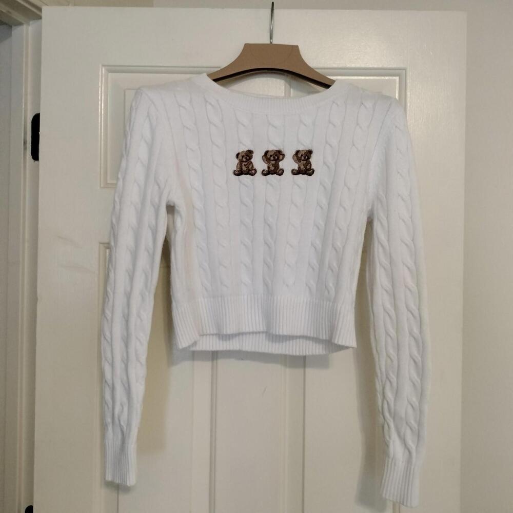 Teen Size M Orange Kiss Crop White Sweater, Embroidered Teddy Bear, Y2K Retro